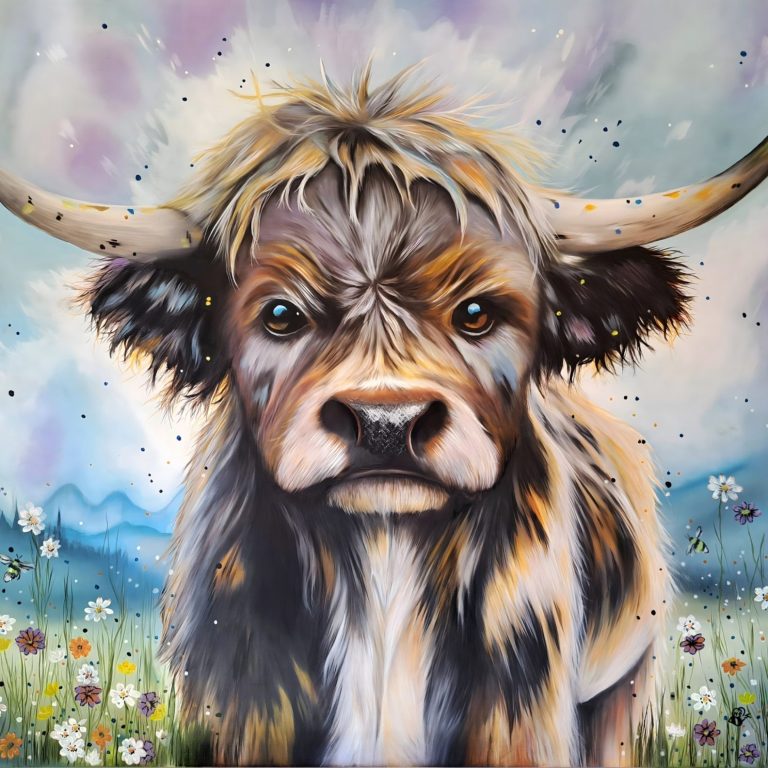 A colourful painting of a Highland cow against a scenic background.