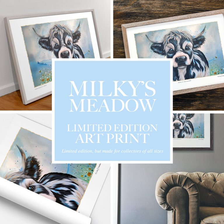Framed art print of a cow with a light blue background and text about a limited edition.