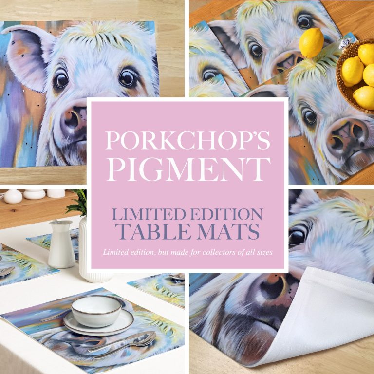 Colourful table mats featuring a cow design with a vibrant, artistic style.