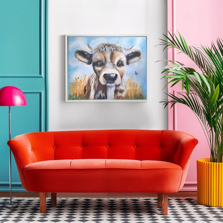 Bright orange sofa in a stylish room with a cow painting and decorative plants.