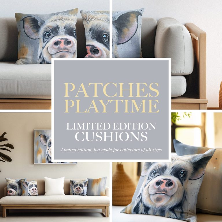 Interior showcasing cushions featuring playful pig designs and a themed artwork.