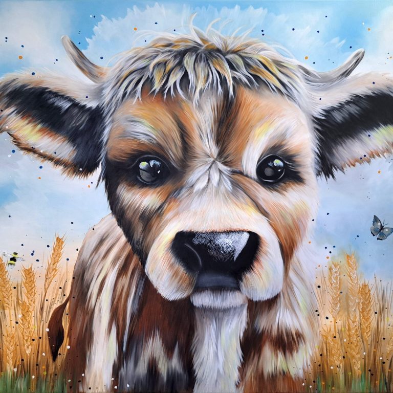 A cheerful pig portrait with a friendly expression, displayed above a sofa.