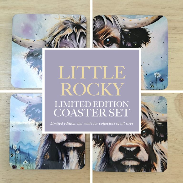 A limited edition coaster set featuring illustrated animals, titled "Little Rocky."