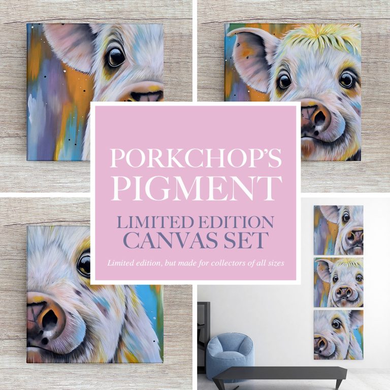 Four vibrant canvas artworks of a pig's face, featuring bold colours and playful expressions.