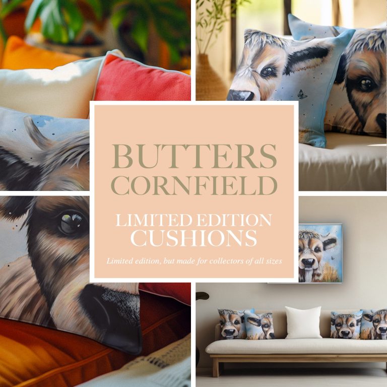 Display of colourful limited edition cushions featuring cow designs.