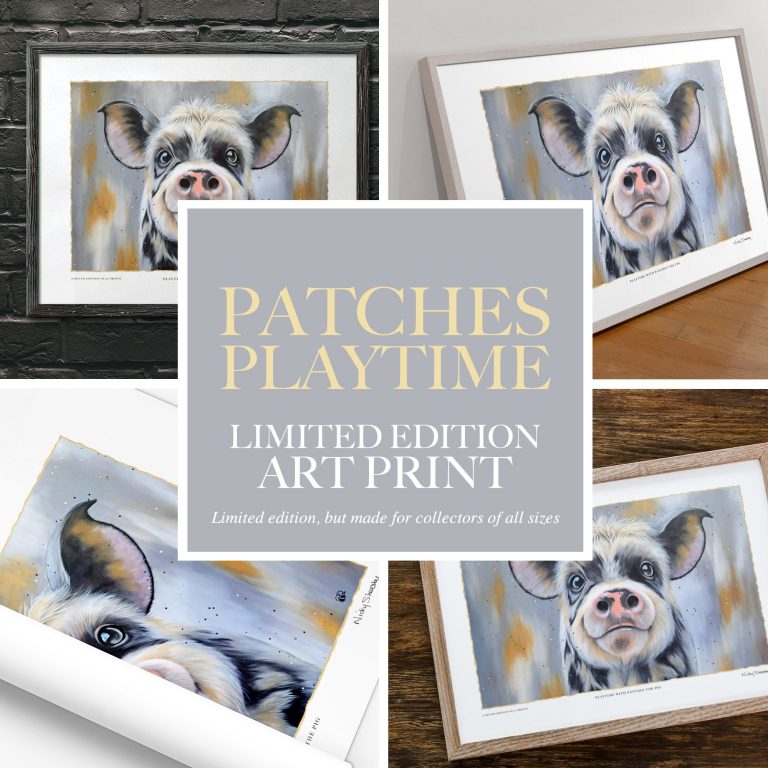 Framed art print featuring a playful pig named Patches against a colourful background.