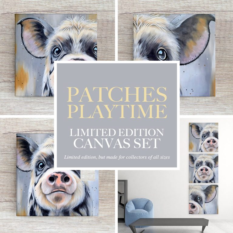Limited edition canvas set featuring a playful pig painting