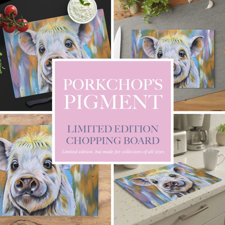 Colourful chopping board design featuring a close-up of a pig's face.
