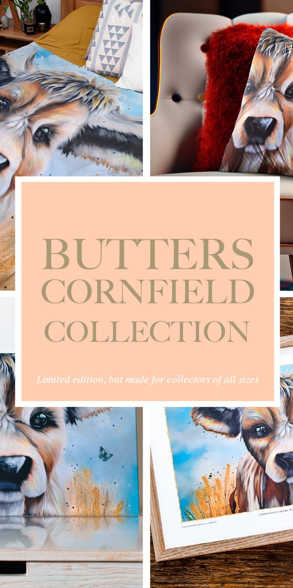 Butters Cornfield Limited Edition Homeware collection Artworks featuring animals from the Butters Cornfield Collection on display.