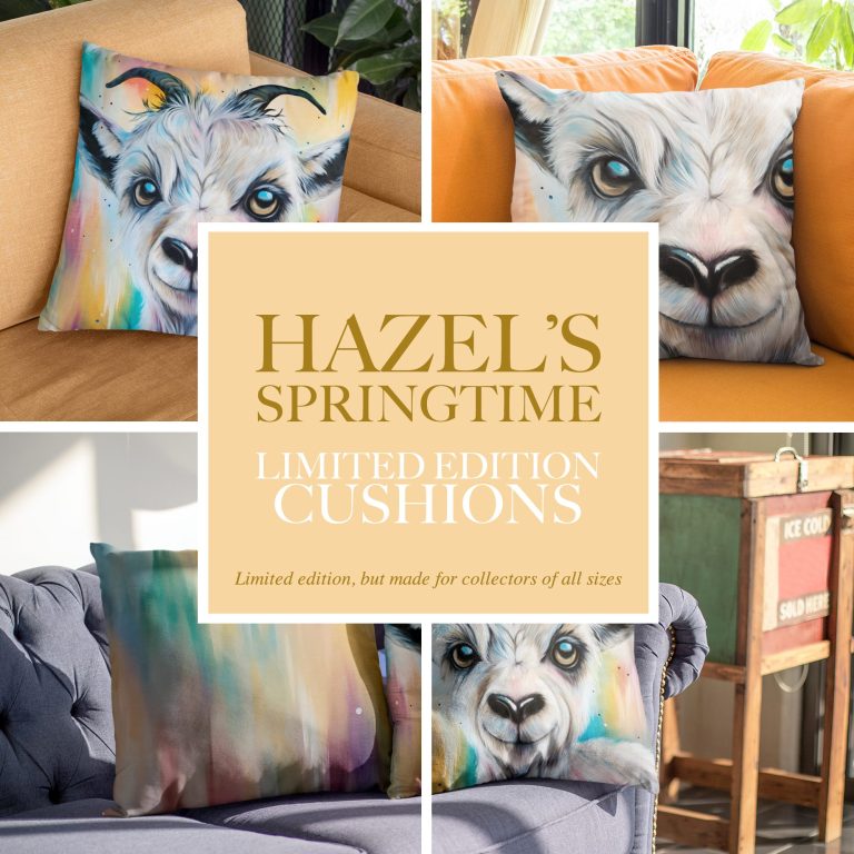 Display of colourful limited edition cushions featuring cow designs.