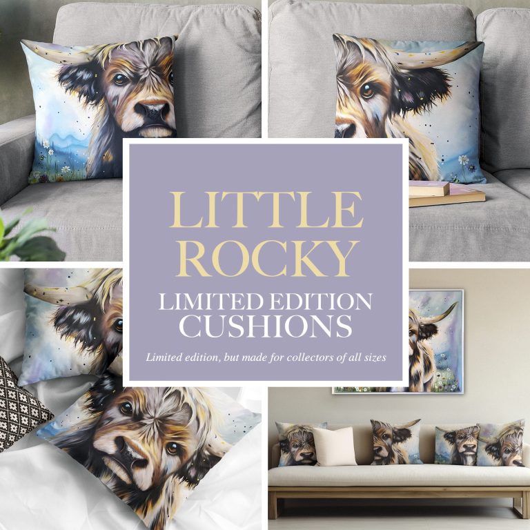 Cushions featuring a highland cow design in a stylish living room setting.