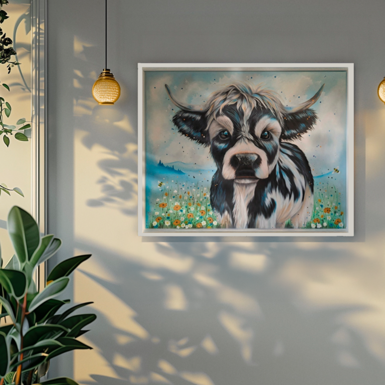 Black and white cow portrait against a blue and green landscape with flowers.