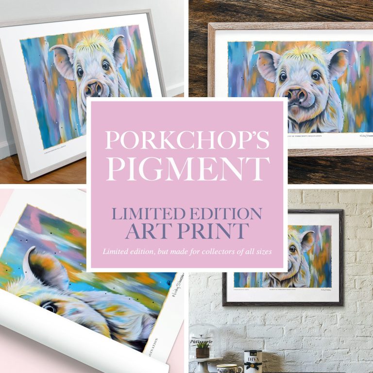 Colourful art print of a piglet, featuring vibrant brush strokes and a decorative frame.