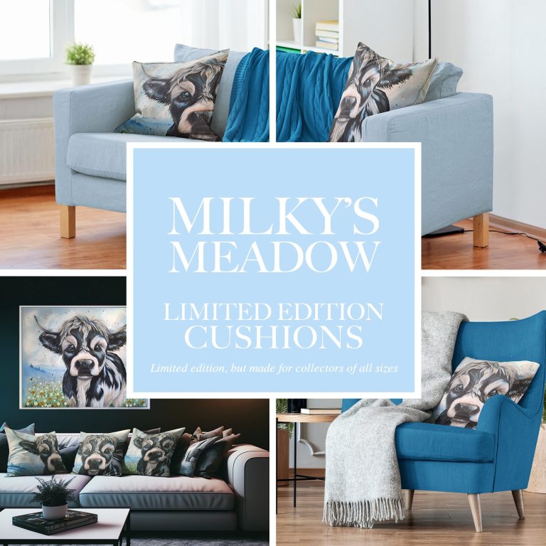 Cushions featuring cow designs on a blue sofa and an armchair in a bright room.