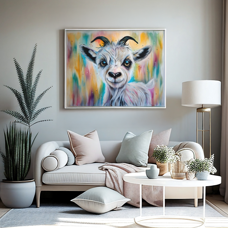 Bright orange sofa in a stylish room with a cow painting and decorative plants.