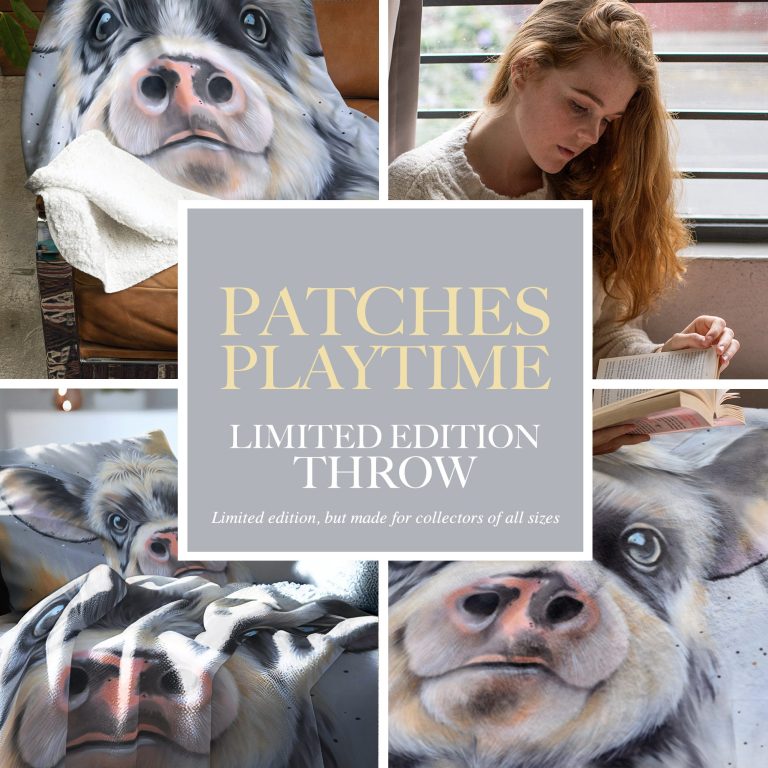 Collage featuring a woman with a throw showcasing realistic animal designs of a pig