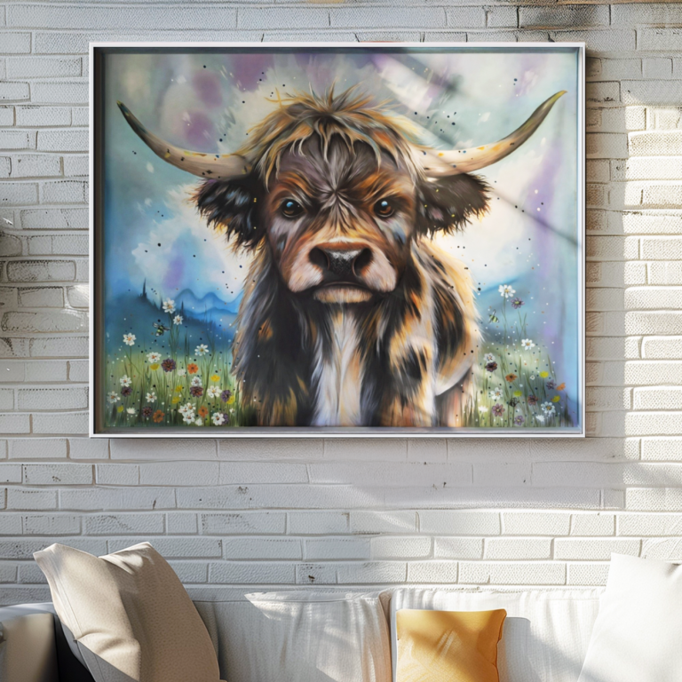 A colourful painting of a Highland cow against a scenic background.
