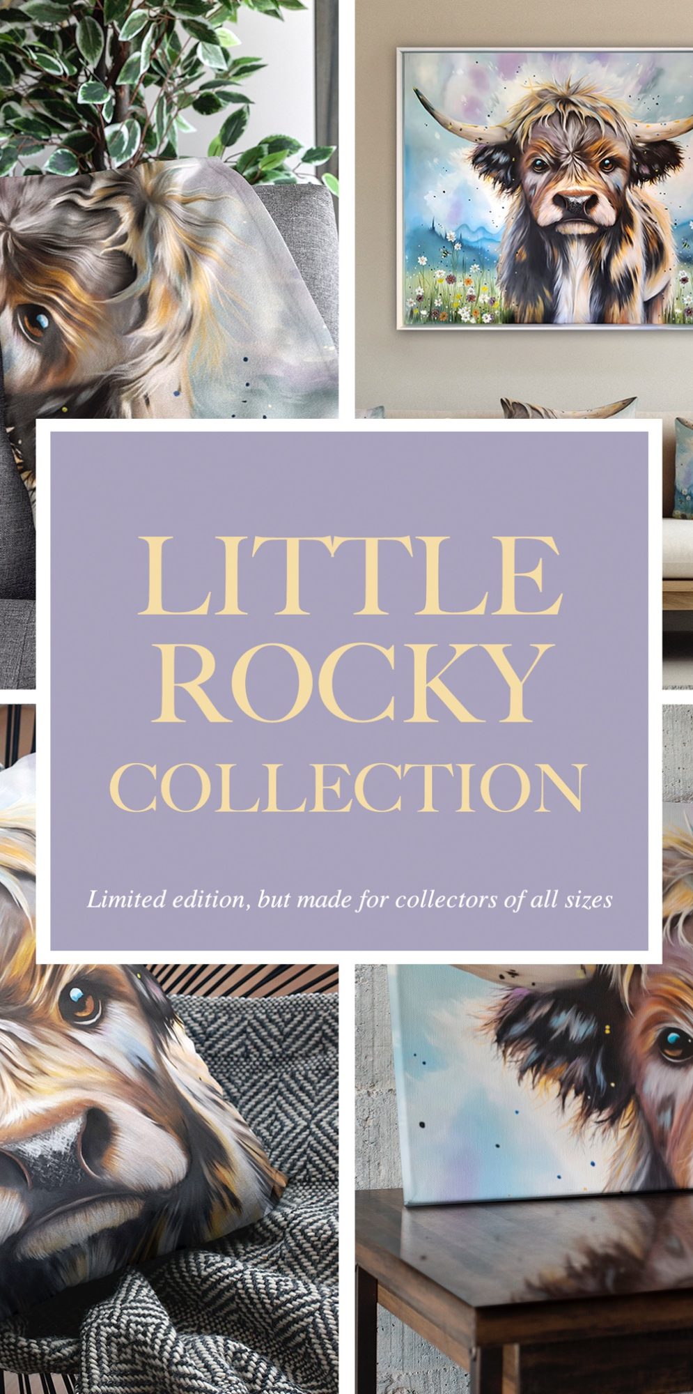 Little Rocky Limited Edition Homeware collection Collage featuring artworks from the "Little Rocky Collection" with animal themes.