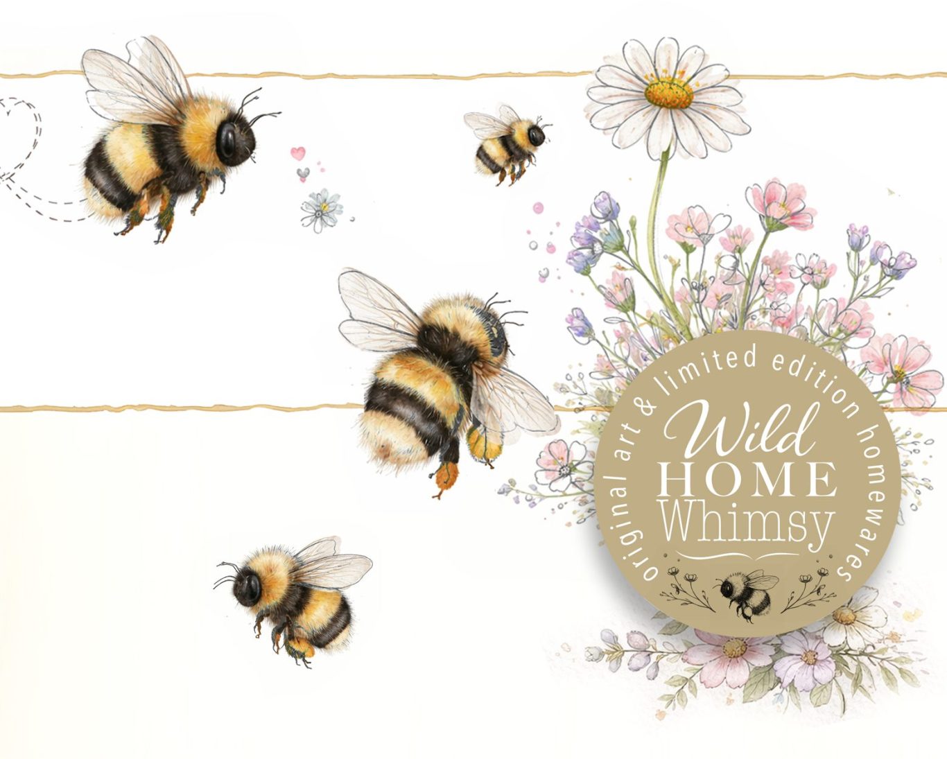 Bees flying around flowers with a decorative circular text saying "Wild Home Whimsy."