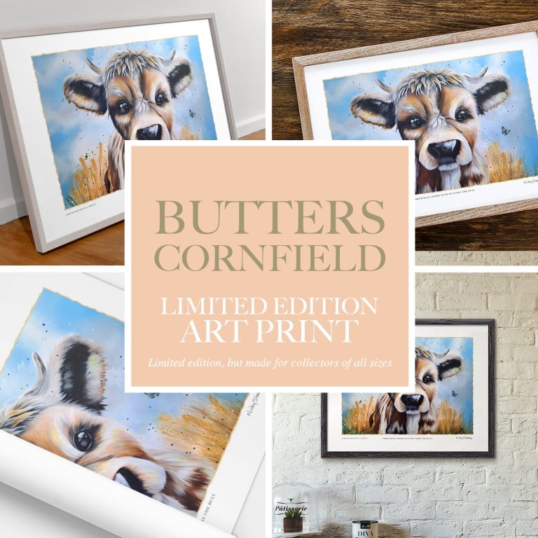 Framed limited edition art print featuring a detailed cow portrait.