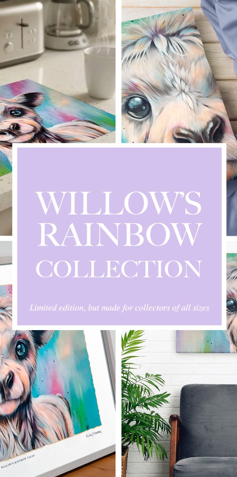 A collage showcasing artwork from Willow's Rainbow Collection of homewares.