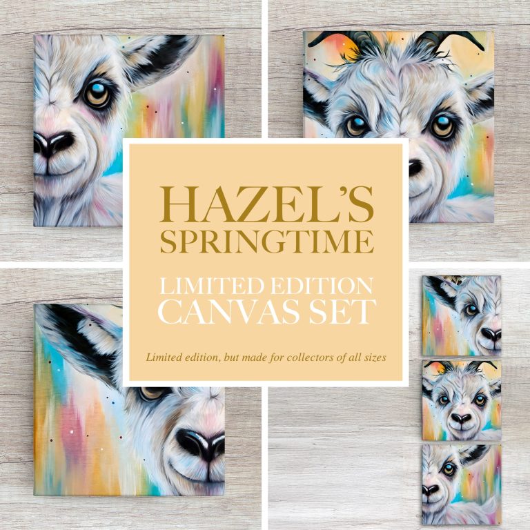 Collage of a cow's face and a limited edition canvas set titled "Butters Cornfield."