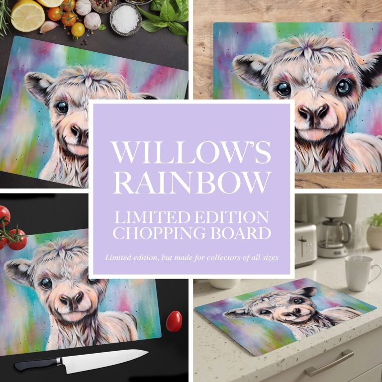 Willow's Rainbow Limited Edition Chopping Board Colourful chopping board featuring a sheep illustration with a rainbow background.
