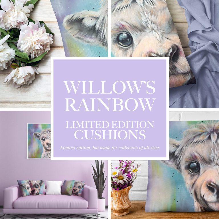 Willow's Rainbow Limited Edition Cushions A promotional image for limited-edition cushions featuring a sheep and floral decorations.