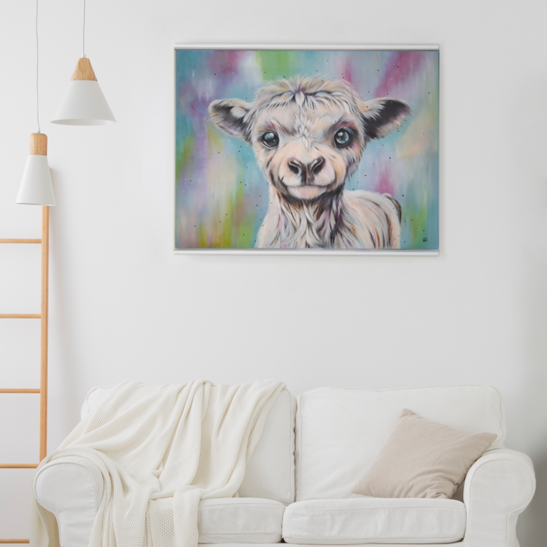 Willow's Rainbow Tales A close-up of a sheep with a whimsical expression, set against a colourful background.