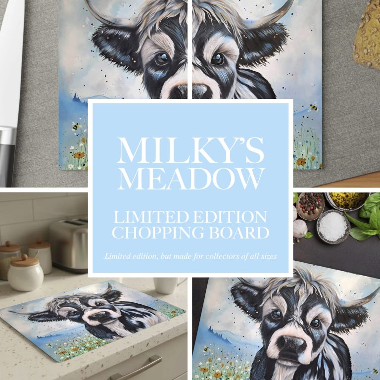 Limited edition chopping board featuring a cow design in a meadow setting.