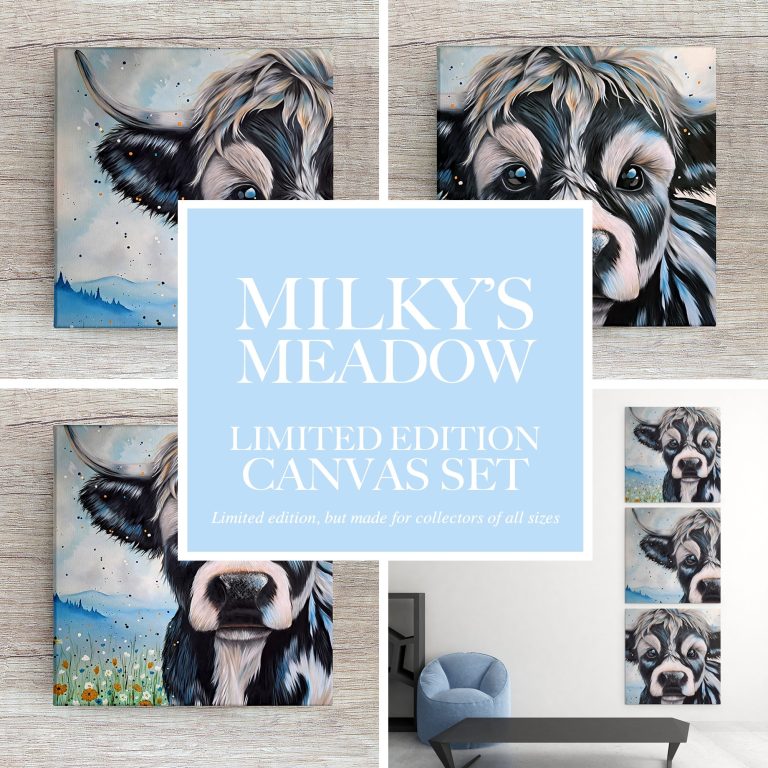 Canvas set featuring artistic cow portraits on a wooden background.