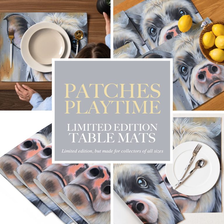Table mats featuring a playful pig design, with utensils and a plate.
