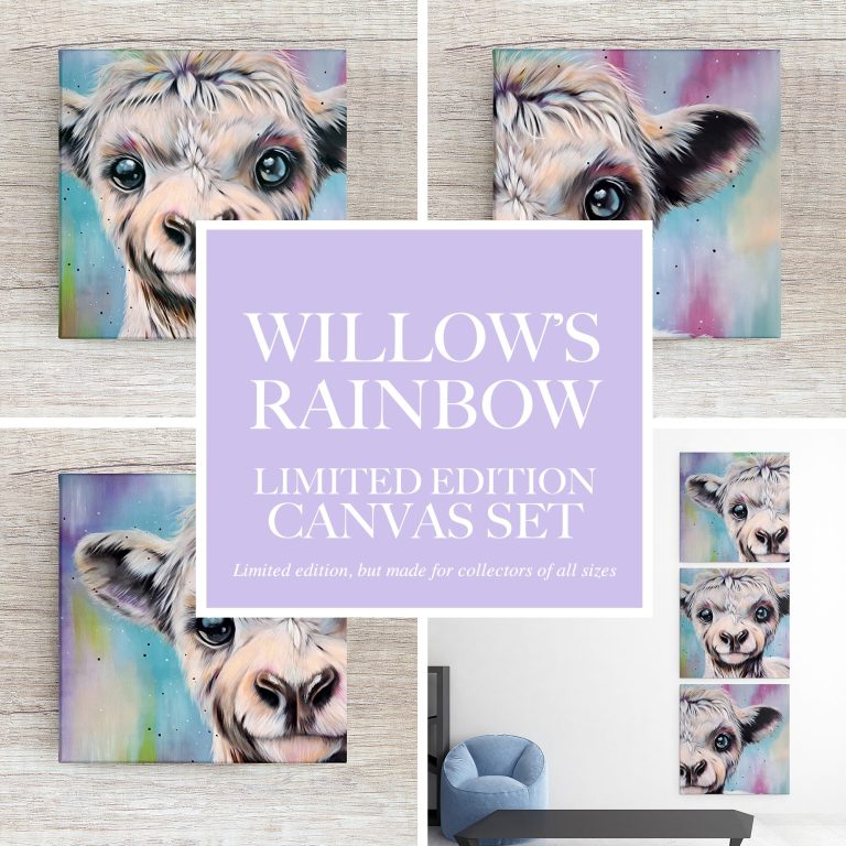 Willow's Rainbow Limited Edition Canvas Set Canvas set featuring colourful, playful lamb portraits on a light background.