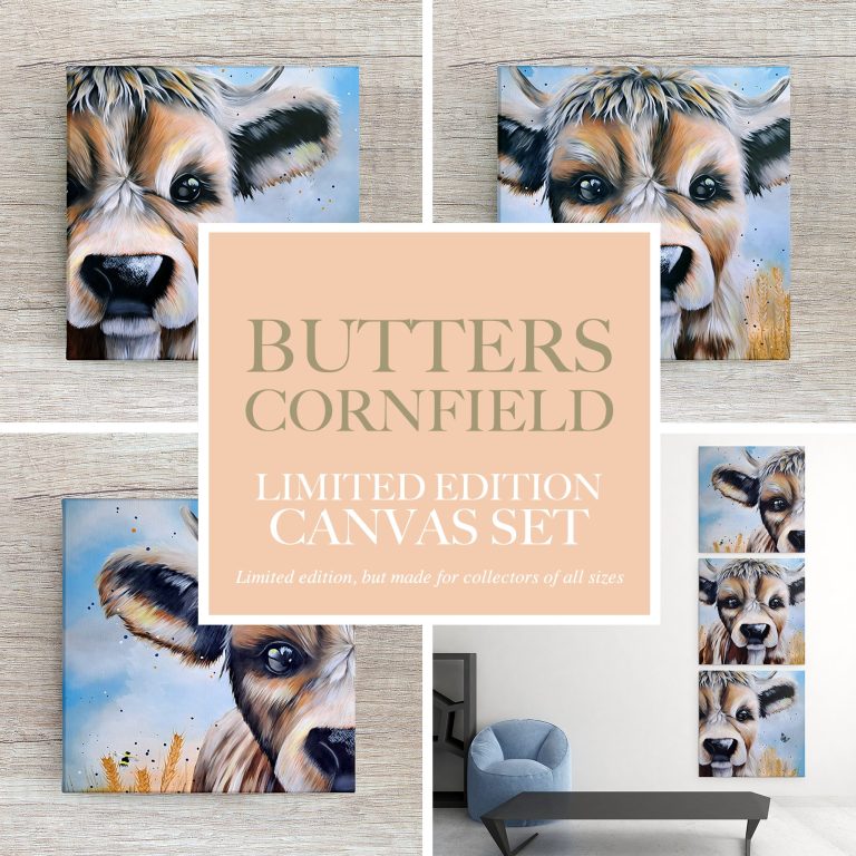 Collage of a cow's face and a limited edition canvas set titled "Butters Cornfield."