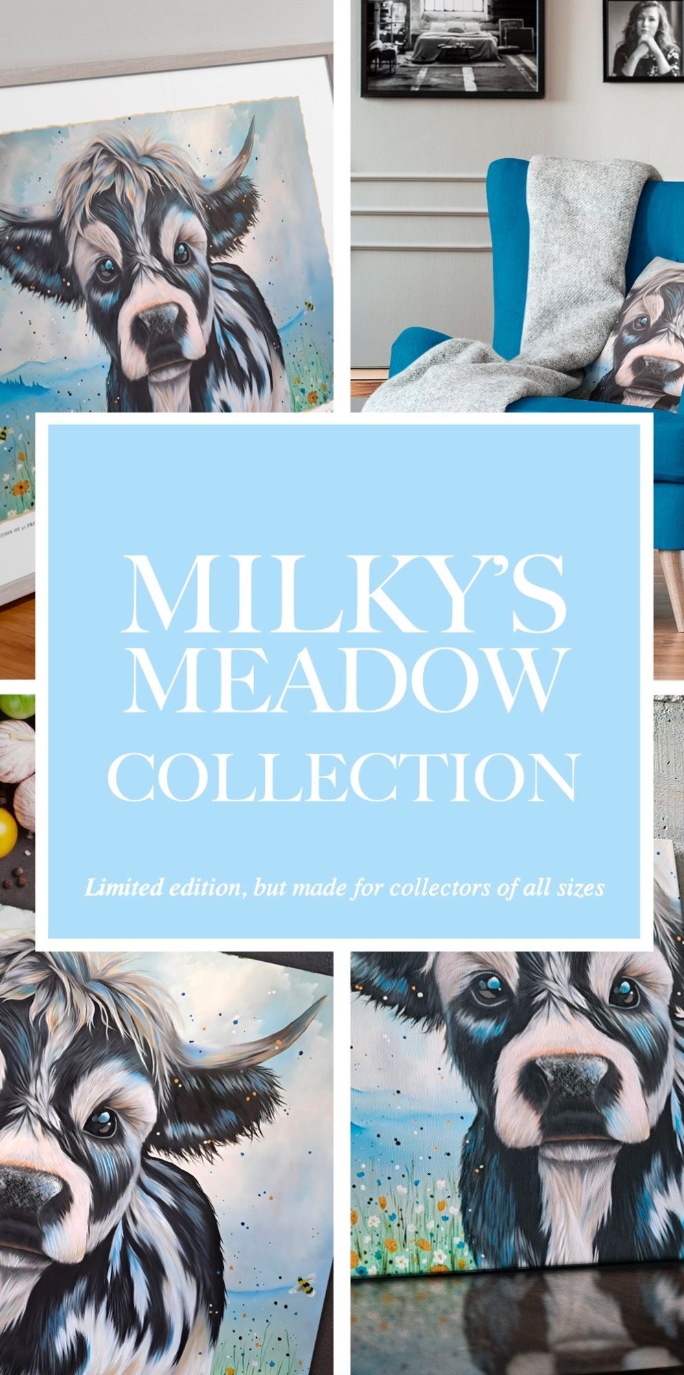 Milky's Meadow Limited Edition Homeware collection A collage featuring cow-themed artwork and decorative pillows in a bright setting.