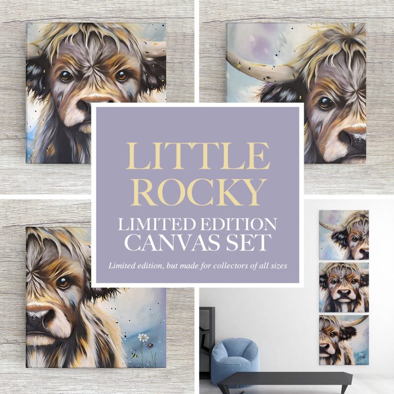 A limited edition canvas set featuring artistic renditions of a Highland cow.