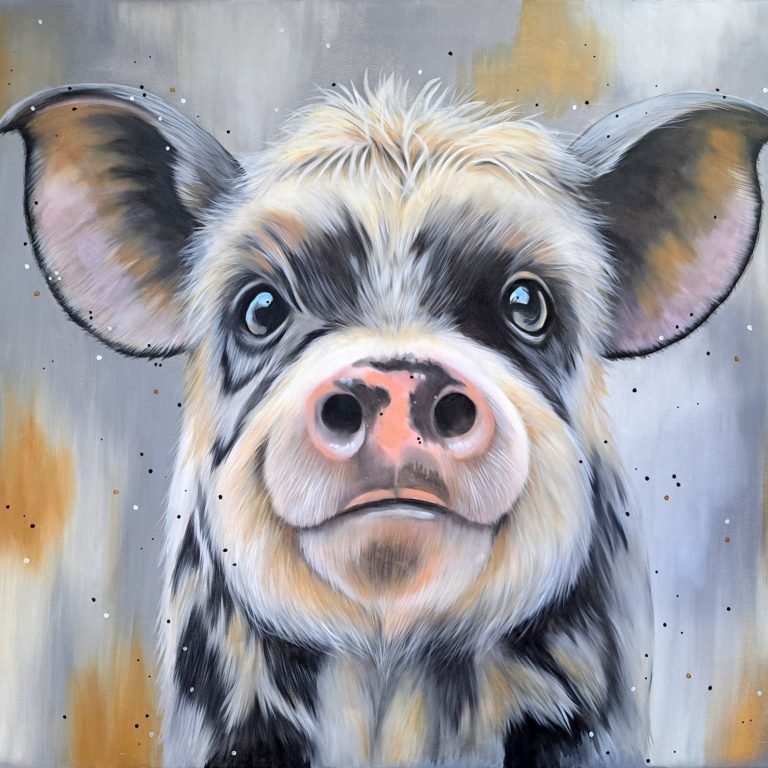 A cheerful pig portrait with a friendly expression, displayed above a sofa.