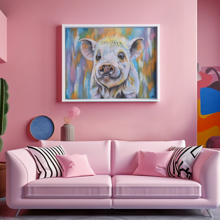 A colourful painting of a smiling pig above a pink sofa in a vibrant room.