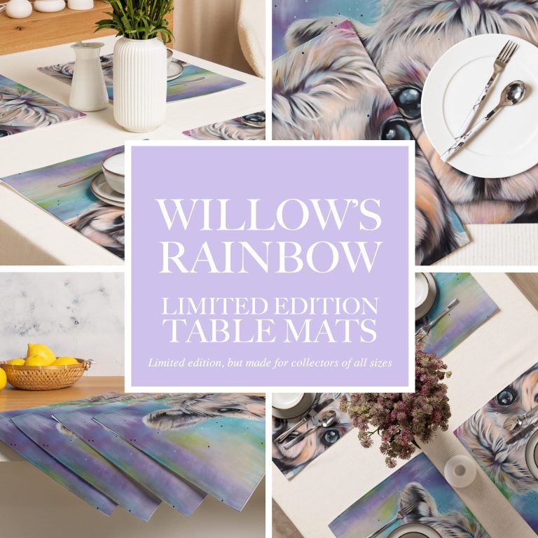 Willow's Rainbow Limited Edition Table Mats Colourful table mats featuring a pastel design with a sheep illustration and vibrant accents.