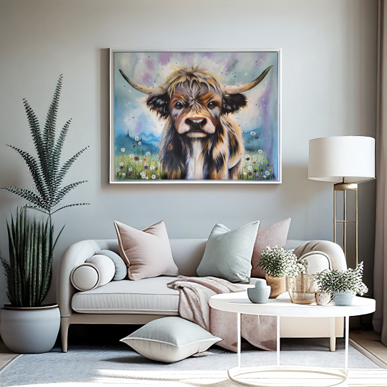 A colourful painting of a Highland cow against a scenic background.