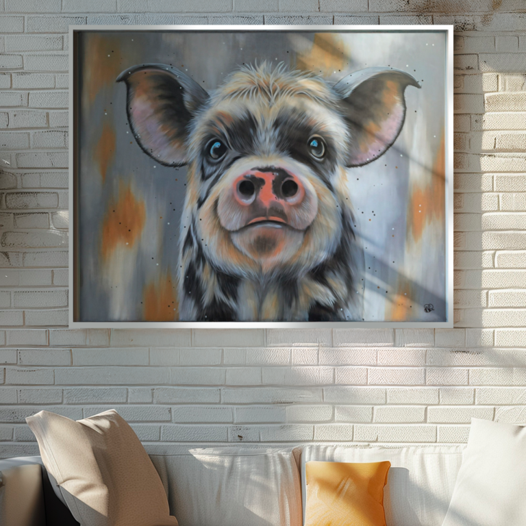 A smiling lamb portrait against a colourful, blurred background.